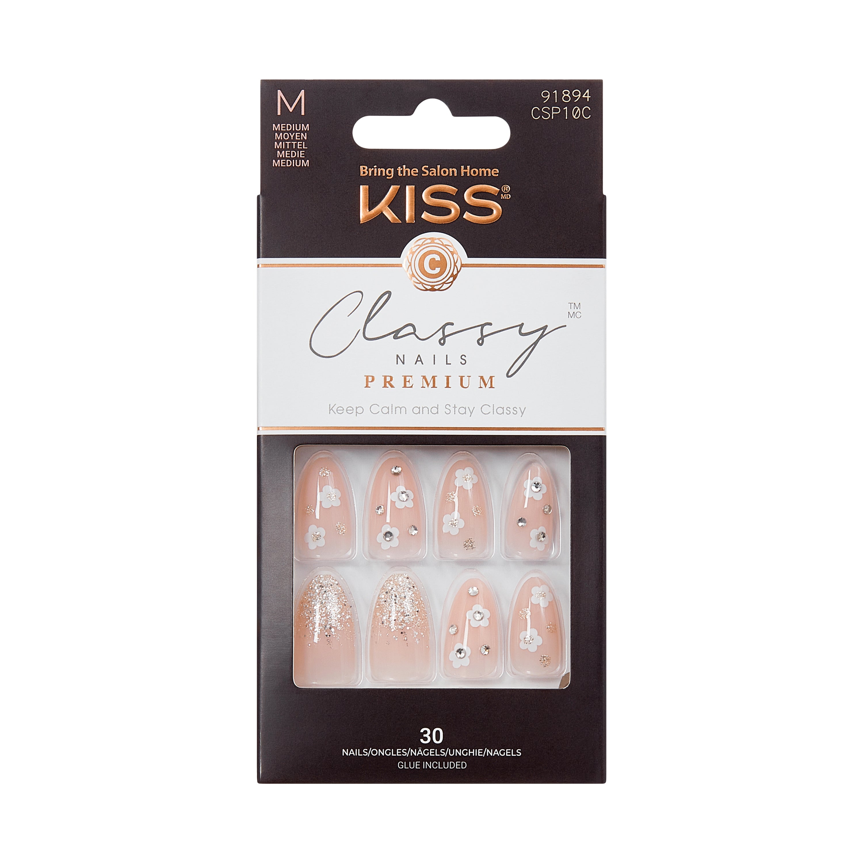 KISS Premium Classy Press On Nails, Pink & White, Medium Length, Almond Shape, 30 Ct.