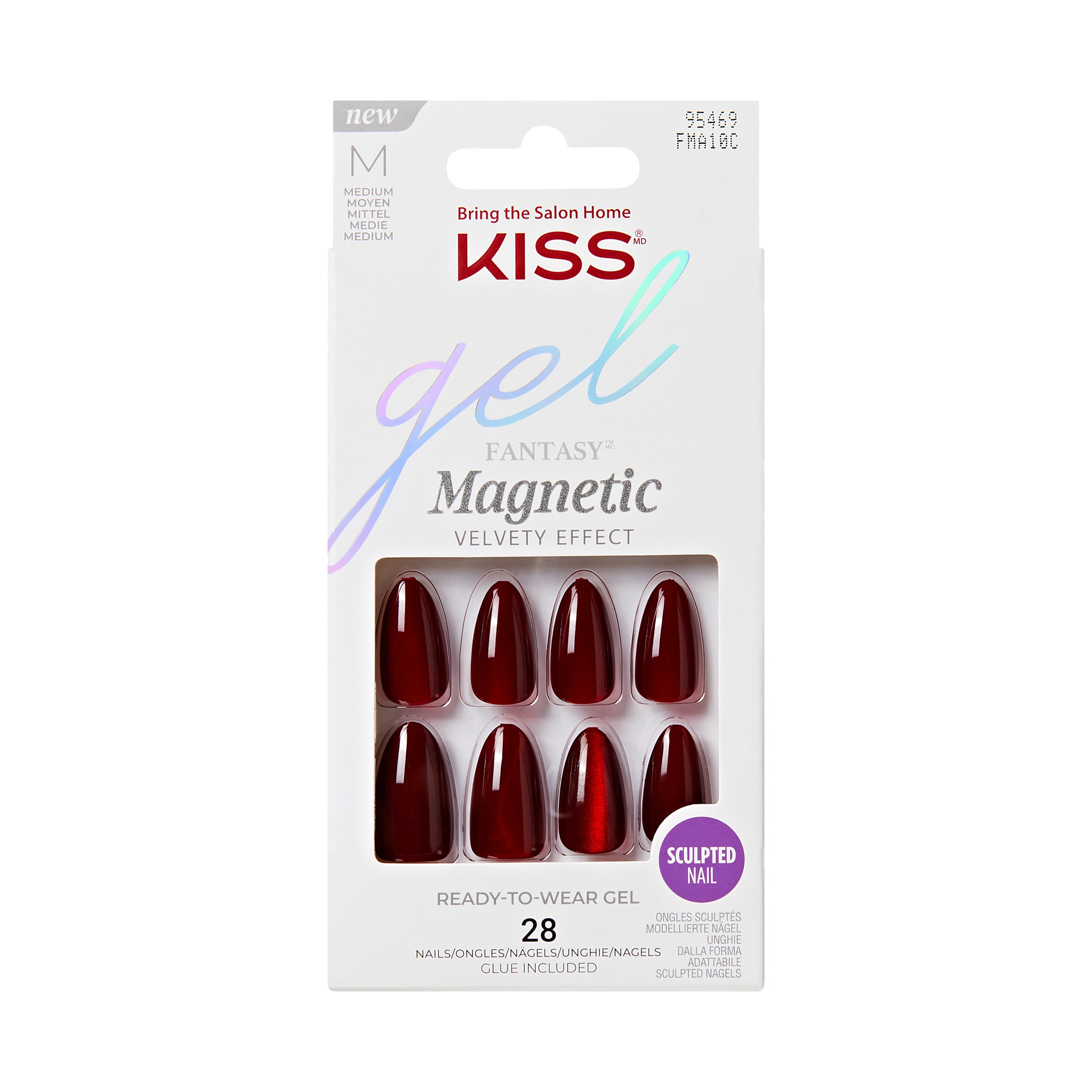 KISS Gel Fantasy Magnetic Press On Nails Almond, Solid Red, Medium, 28 Count