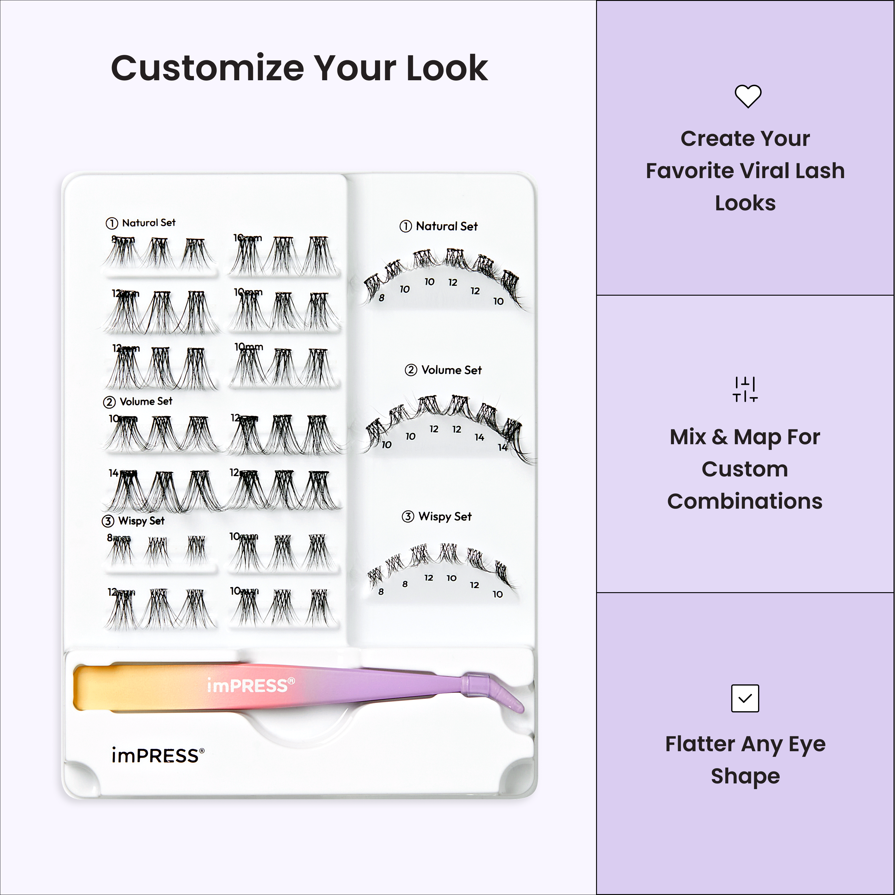 KISS imPRESS Pre-Glued Individual Lashes Kit, Self Adhesive Eyelashes, 60 Lash Clusters