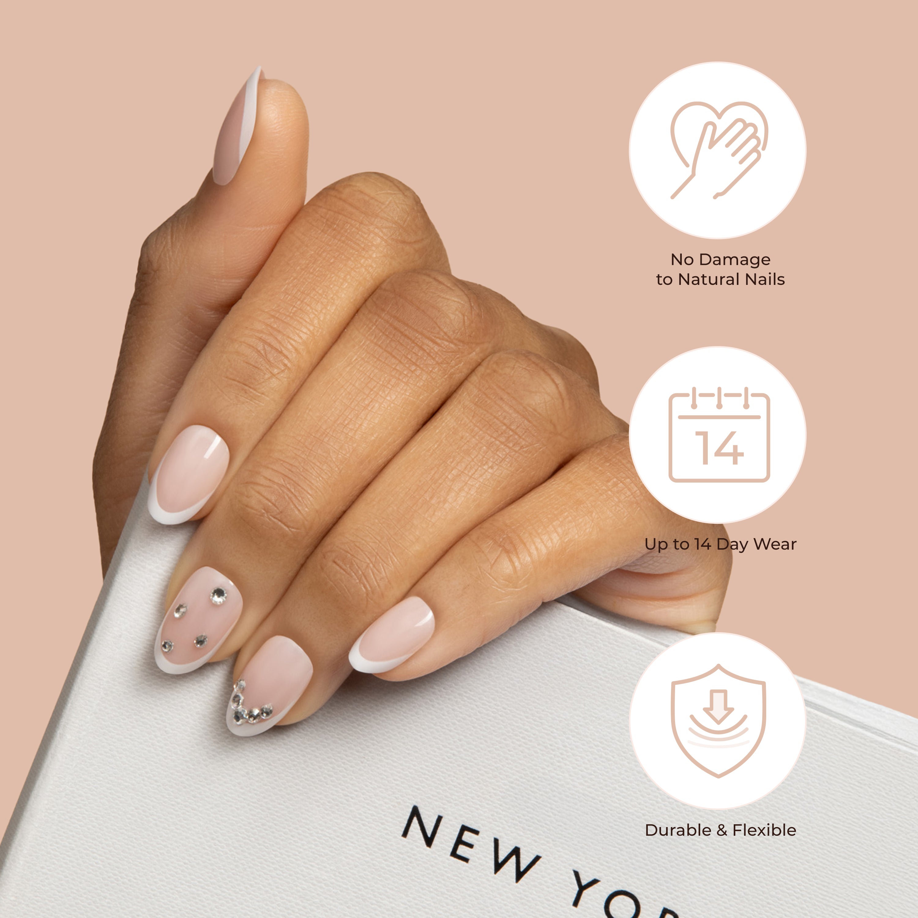 KISS Premium Classy Press On Nails, Pink & White, Medium Length, Almond Shape, 30 Ct.