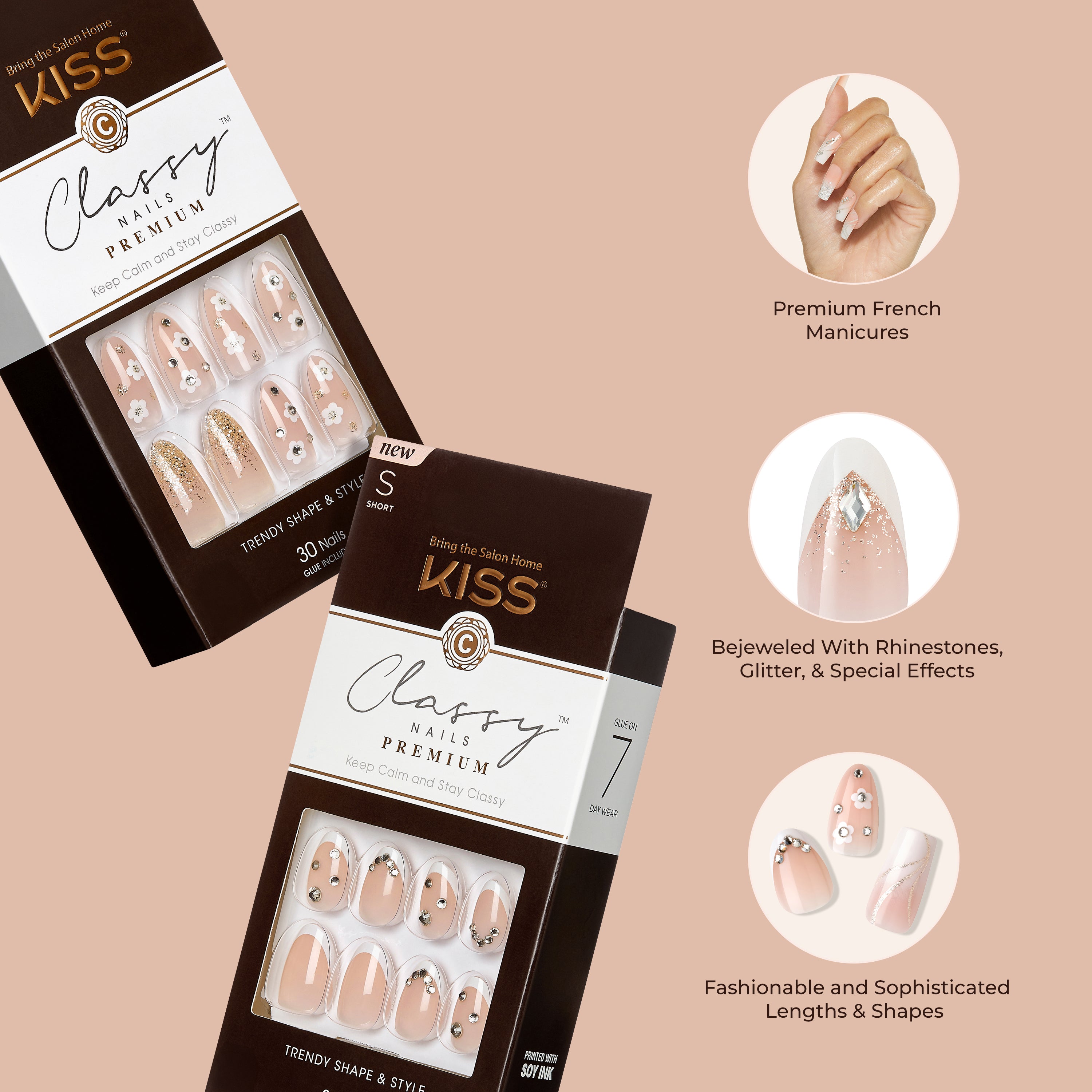 KISS Premium Classy Press On Nails, White French Tips, Long, Square Shape, 30 Ct.