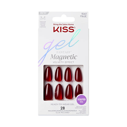Kiss Gel Fantasy Magnetic Press On Nails Almond, Solid  Red, Medium, 28 Count