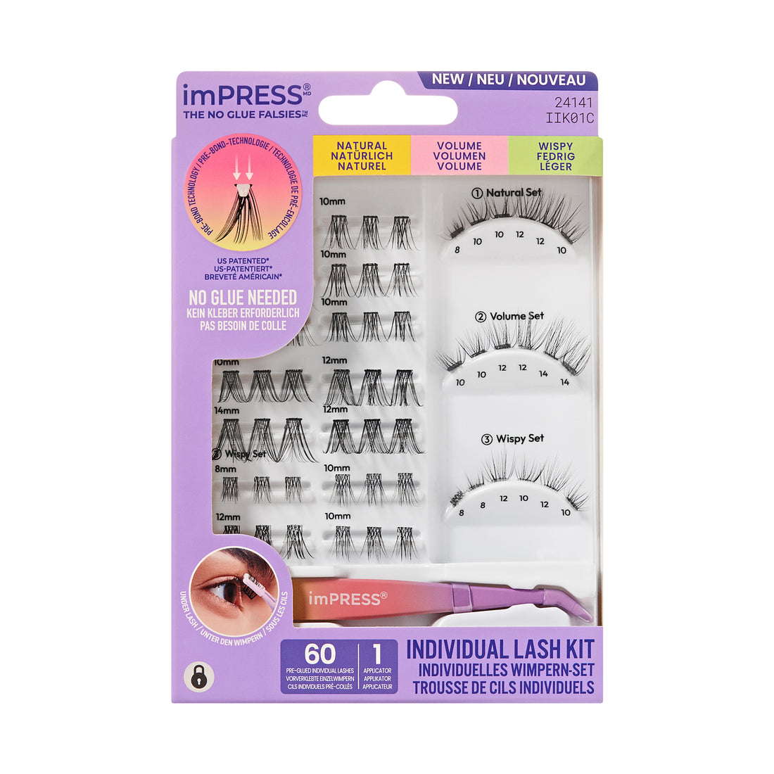 KISS imPRESS Pre-Glued Individual Lashes Kit, Self Adhesive Eyelashes, 60 Lash Clusters