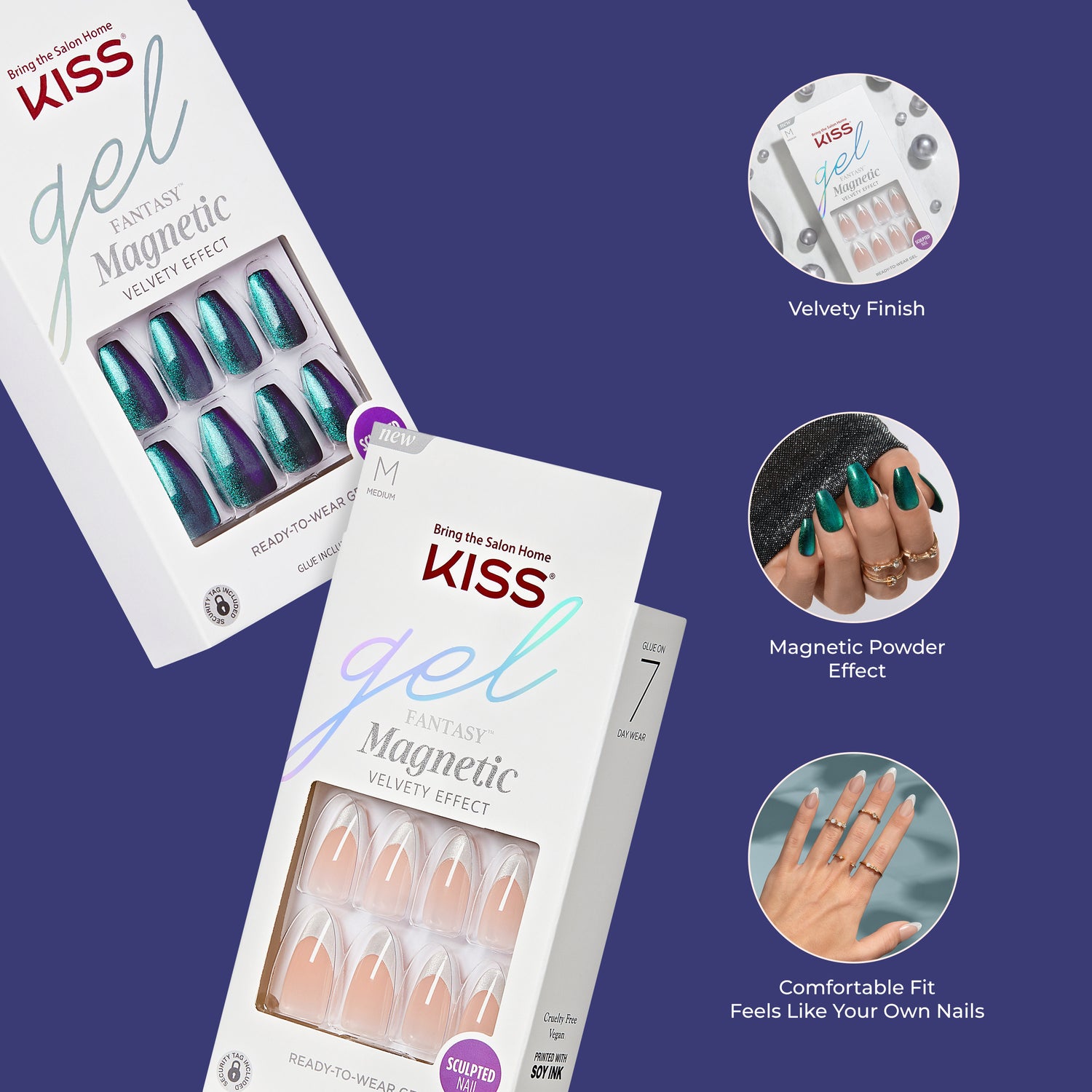 Kiss Gel Fantasy Magnetic Press On Nails Almond, Solid  Red, Medium, 28 Count