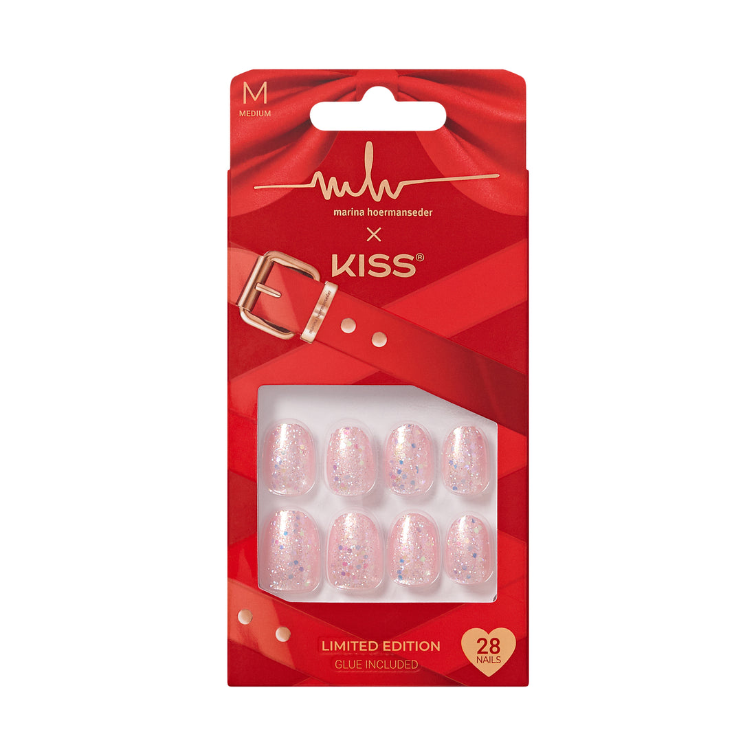KISS x Marina Hoermanseder Press On Nails, ‘Leather’, Pink, Short Round, 28 Count