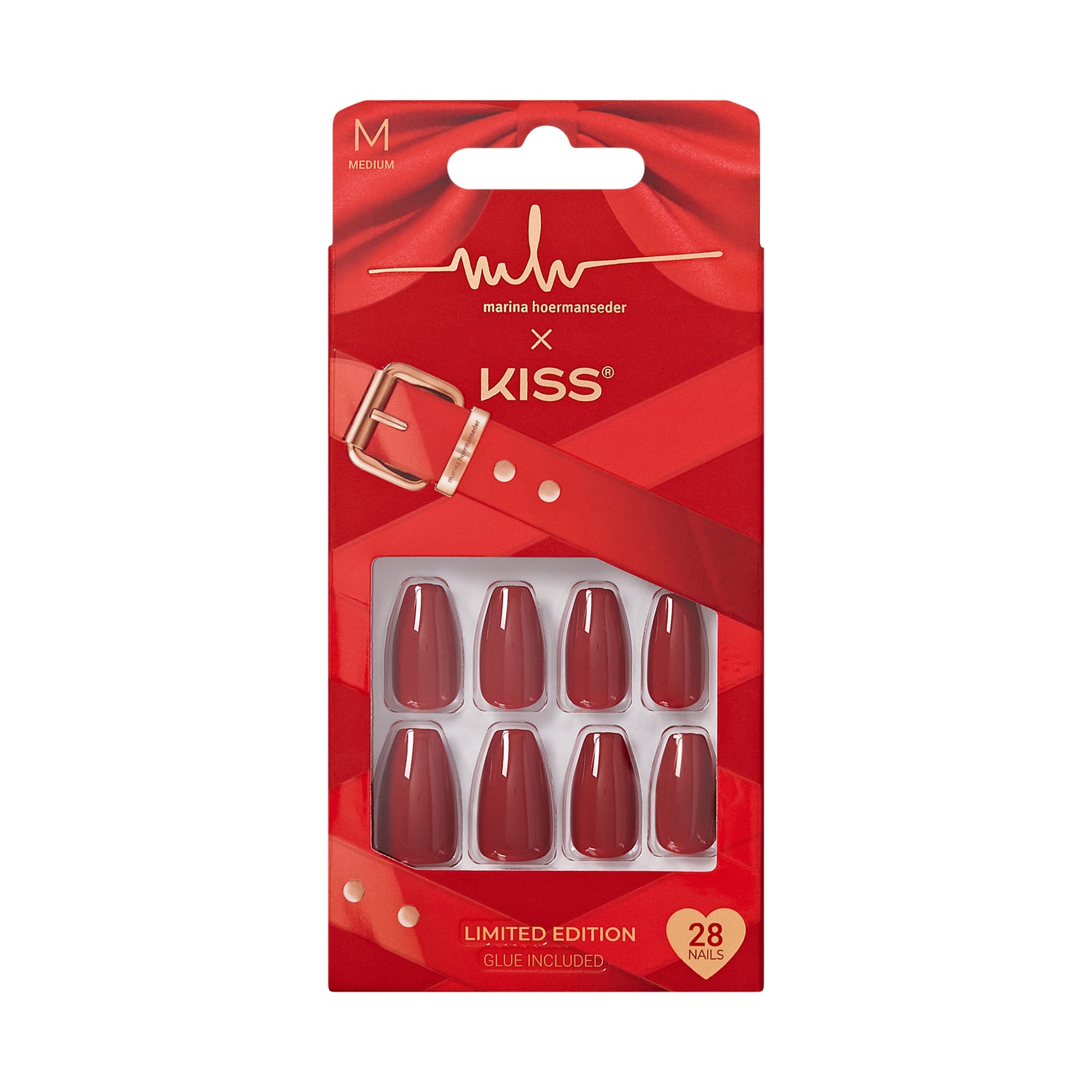 KISS x Marina Hoermanseder Press On Nails, ‘Boldly Beautiful’, Red, Medium Coffin, 28 Count