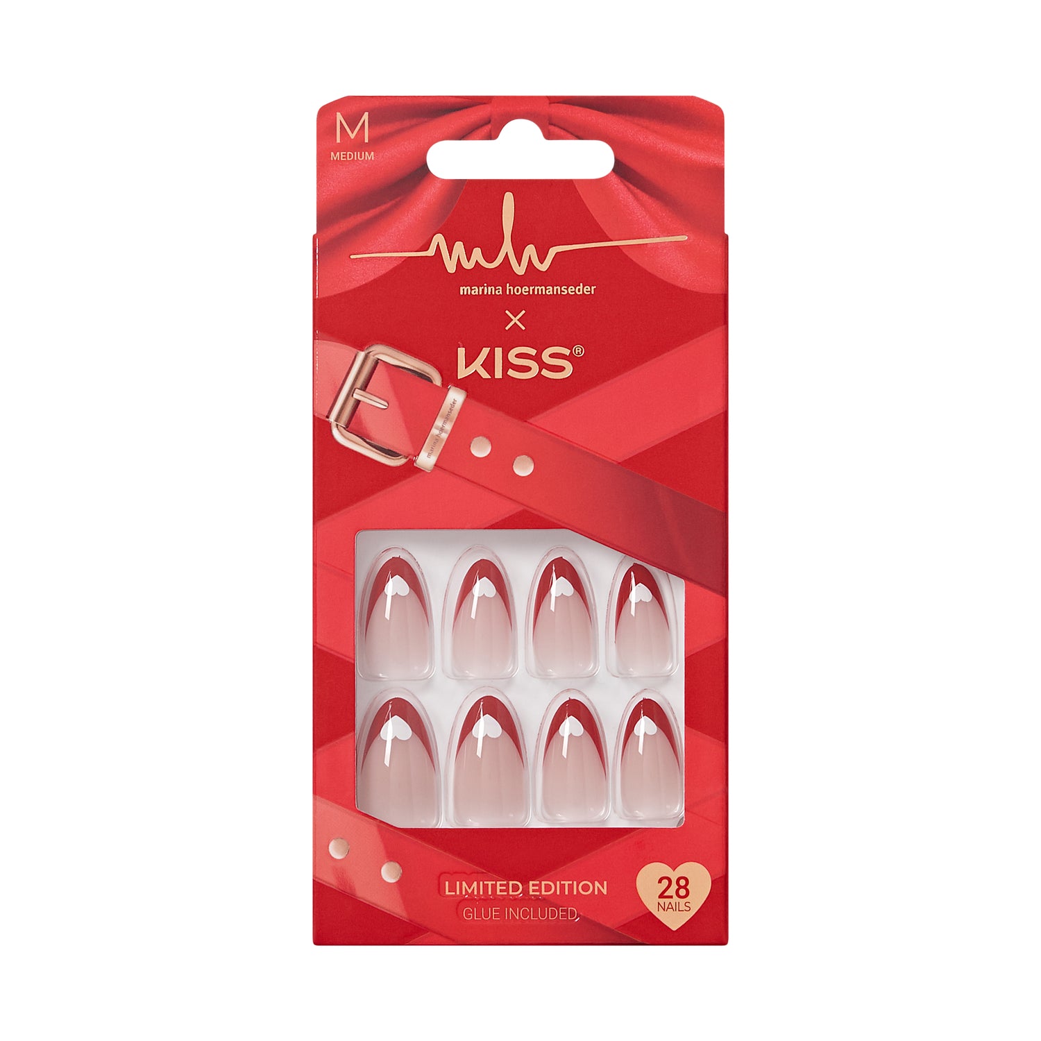 KISS x Marina Hoermanseder Press On Nails, ‘Edgy Elegance’, Red, Medium Almond, 28 Count