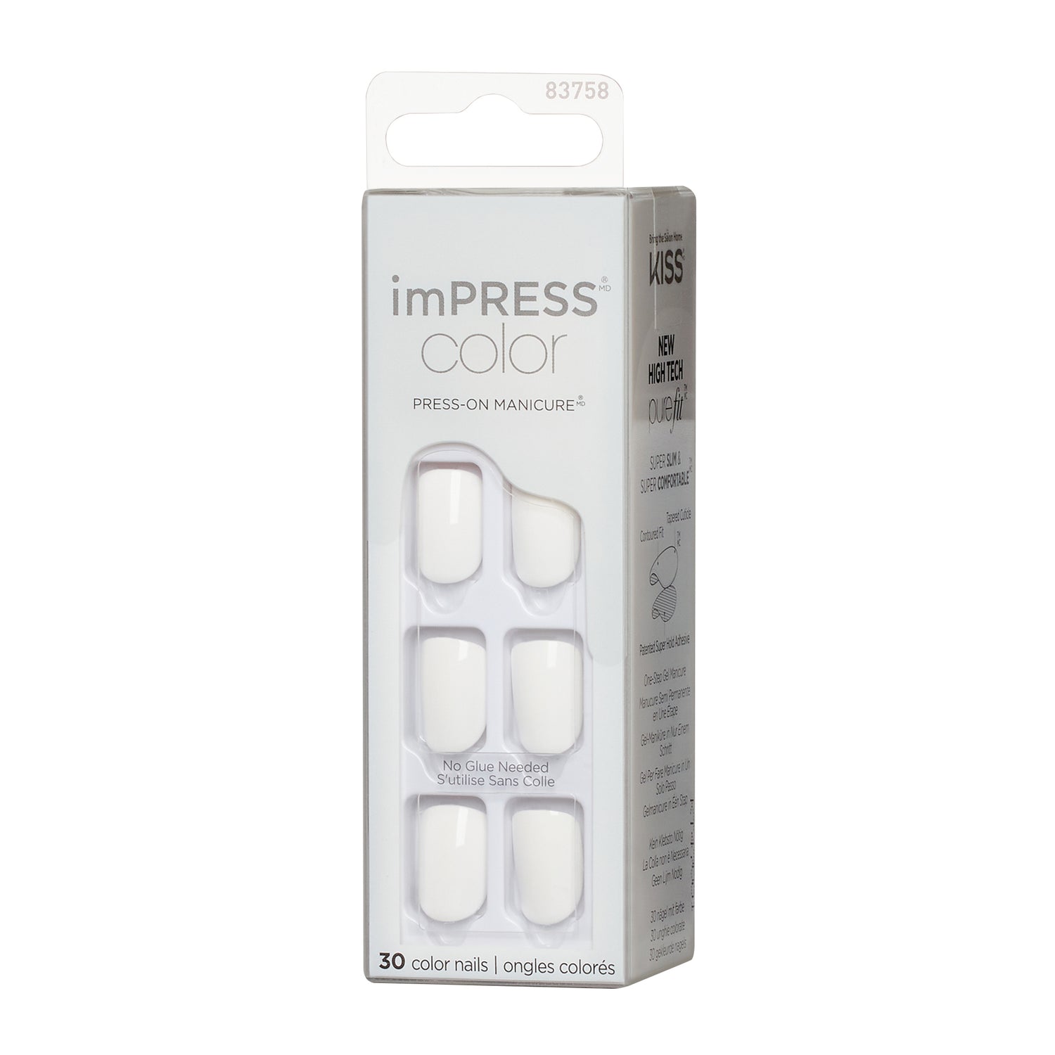 imPRESS Color Press On Nails, No Glue Needed, White, Short Squoval, 30 Ct.