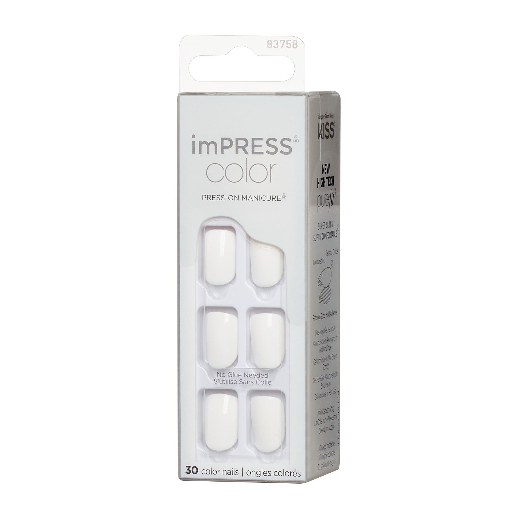 imPRESS Color Press On Nails, No Glue Needed, White, Short Squoval, 30 Ct.