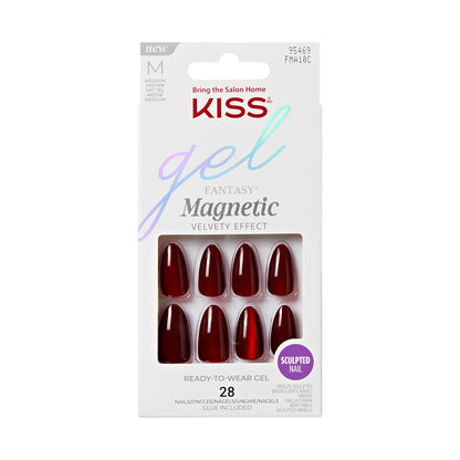 KISS Gel Fantasy Magnetic Press On Nails Almond, Solid  Red, Medium, 28 Count