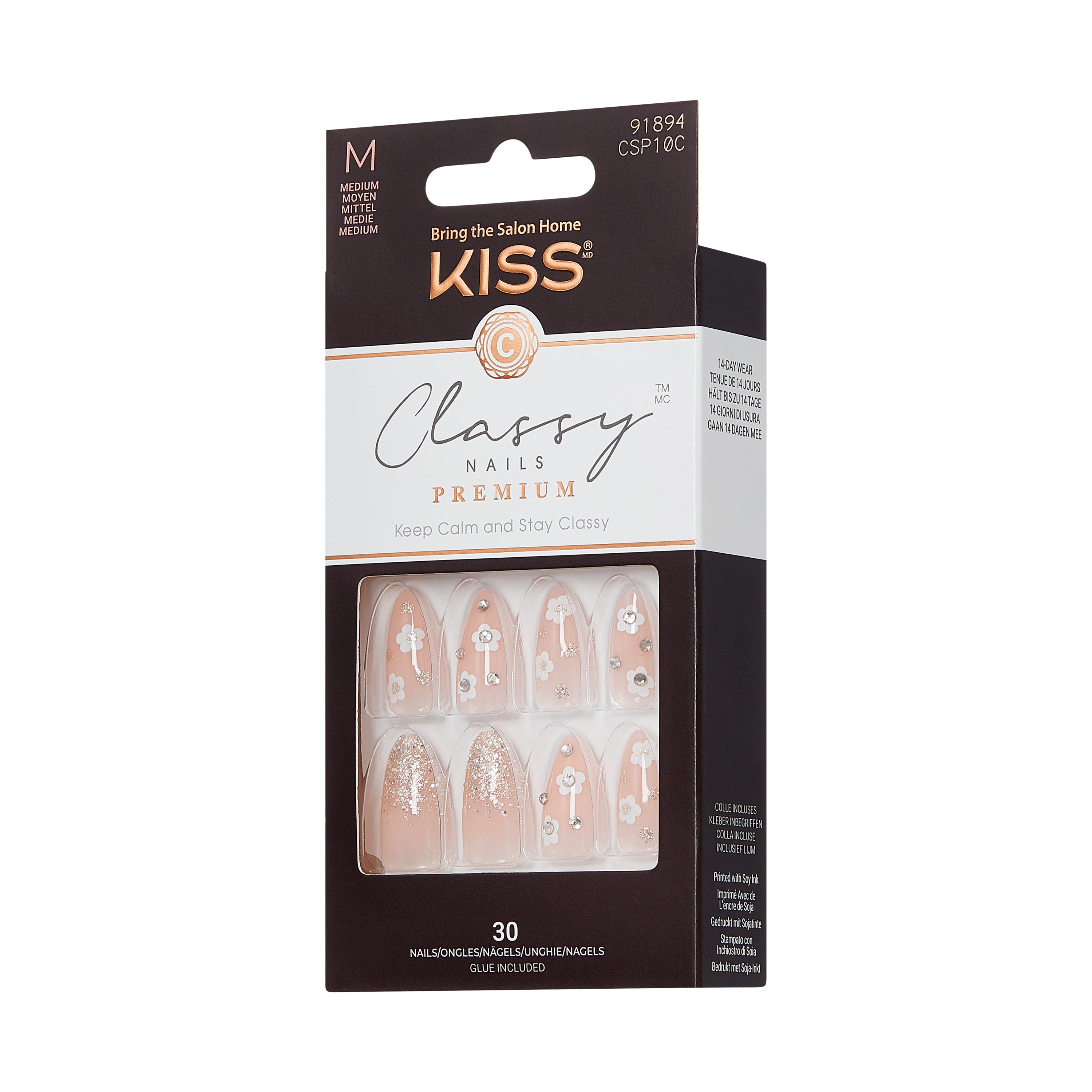 KISS Premium Classy Press On Nails, Pink &amp; White, Medium Length, Almond Shape, 30 Ct.