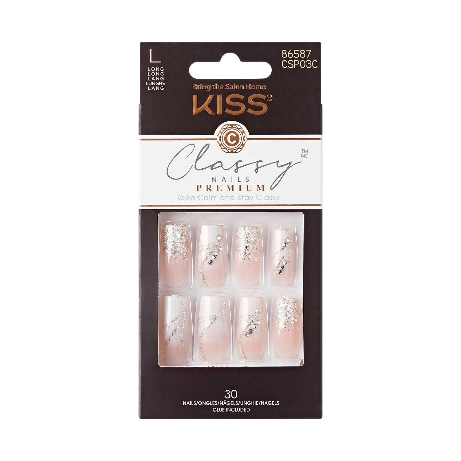 KISS Premium Classy Press On Nails, White French Tips, Long, Square Shape, 30 Ct.